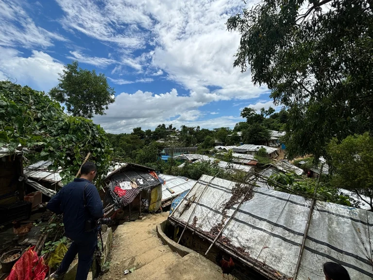 Rohingya refugee camp in Cox's Bazar Bangladesh with shelters and pathways for media filming access
