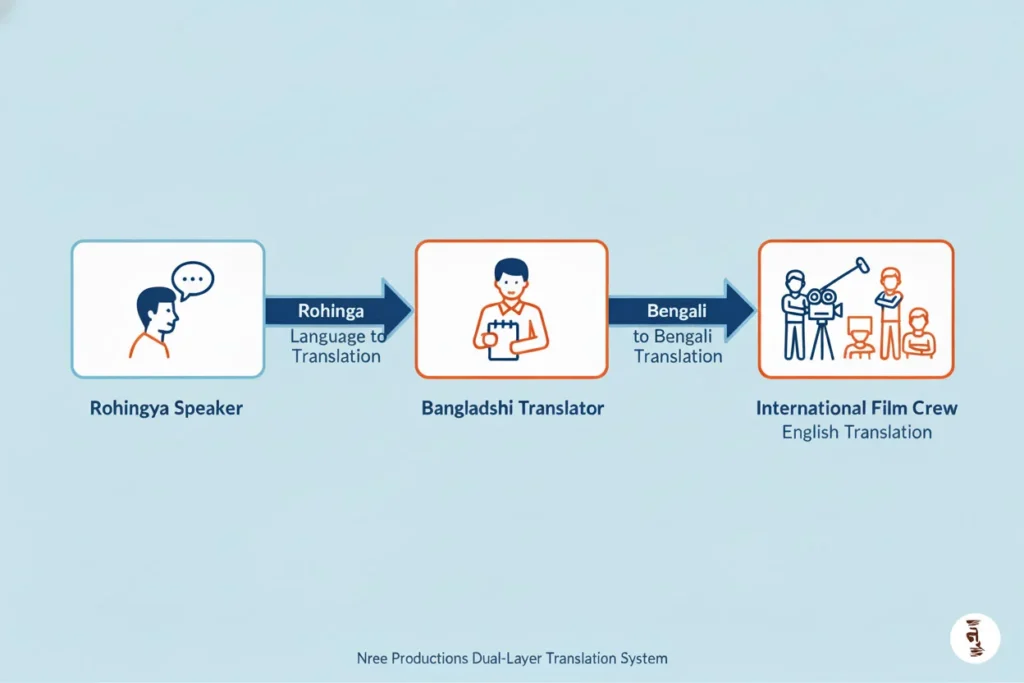 Rohingya fixer translation chain showing Rohingya to Bengali to English communication process.