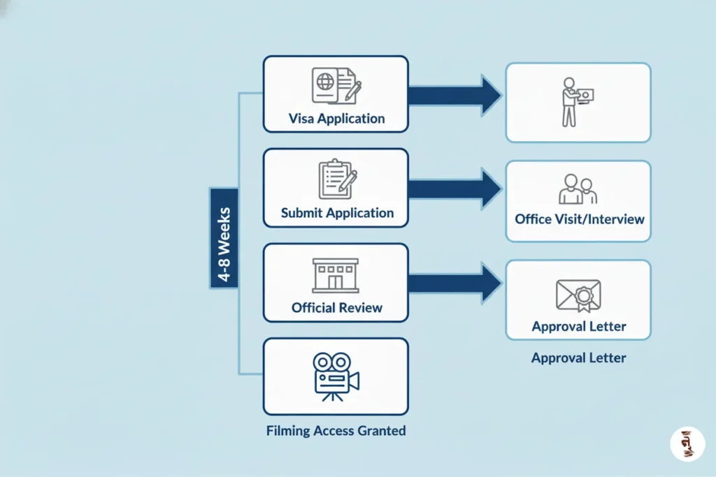 Step-by-step flowchart showing RRRC approval process for filming in the Rohingya camp from journalist visa to on-ground coordination