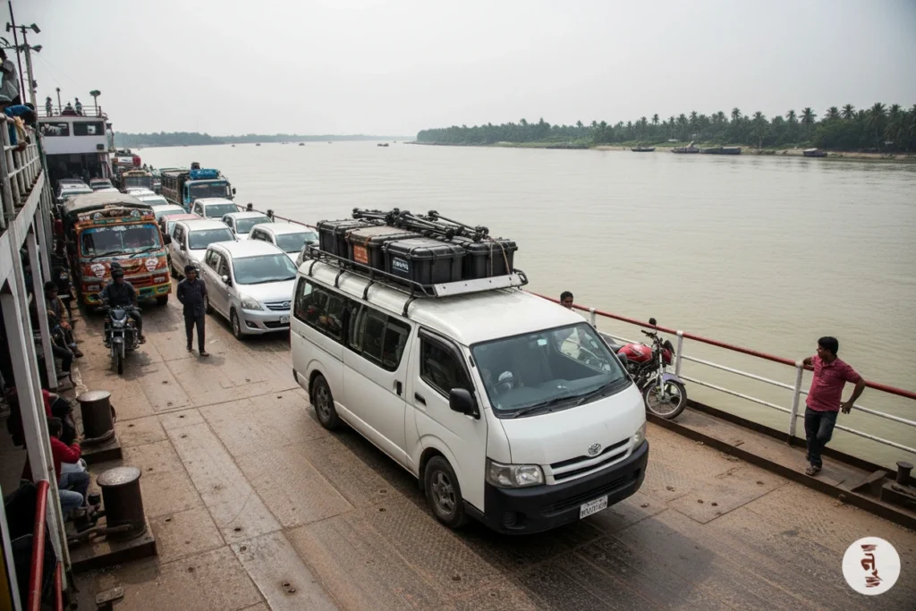 Safe film crew transport in Bangladesh, vehicle boarding ferry crossing as part of a multi-modal route planning