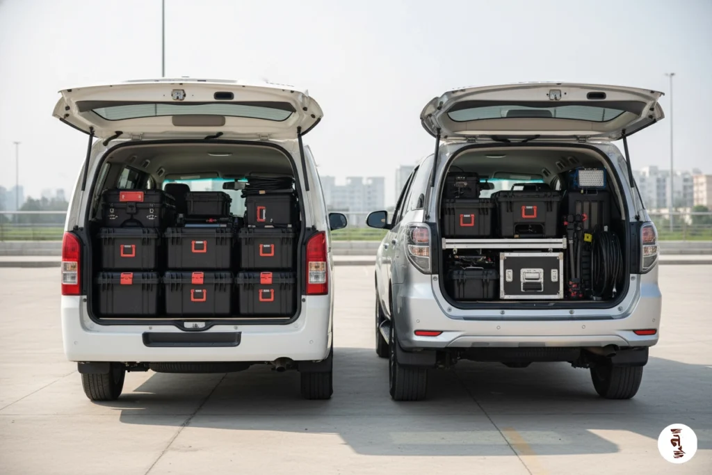 Safe film crew transport, Bangladesh MPV and SUV vehicles prepared for production with equipment storage and all-terrain capability.