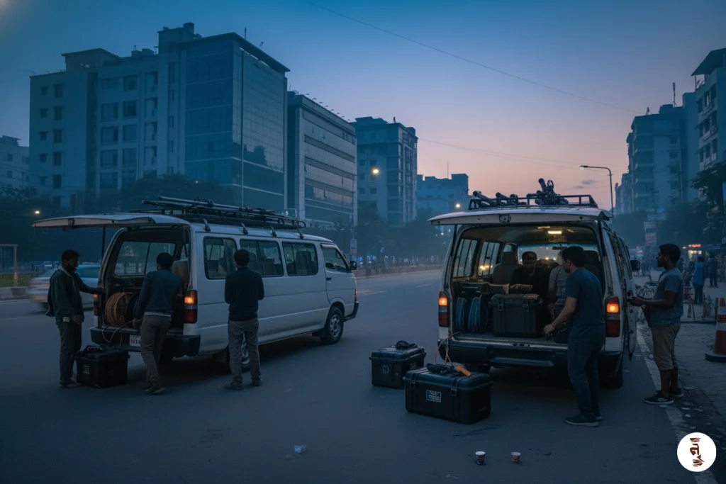 Safe film crew transport in Bangladesh, early morning vehicle departure staged before dawn to avoid Dhaka traffic congestion delays