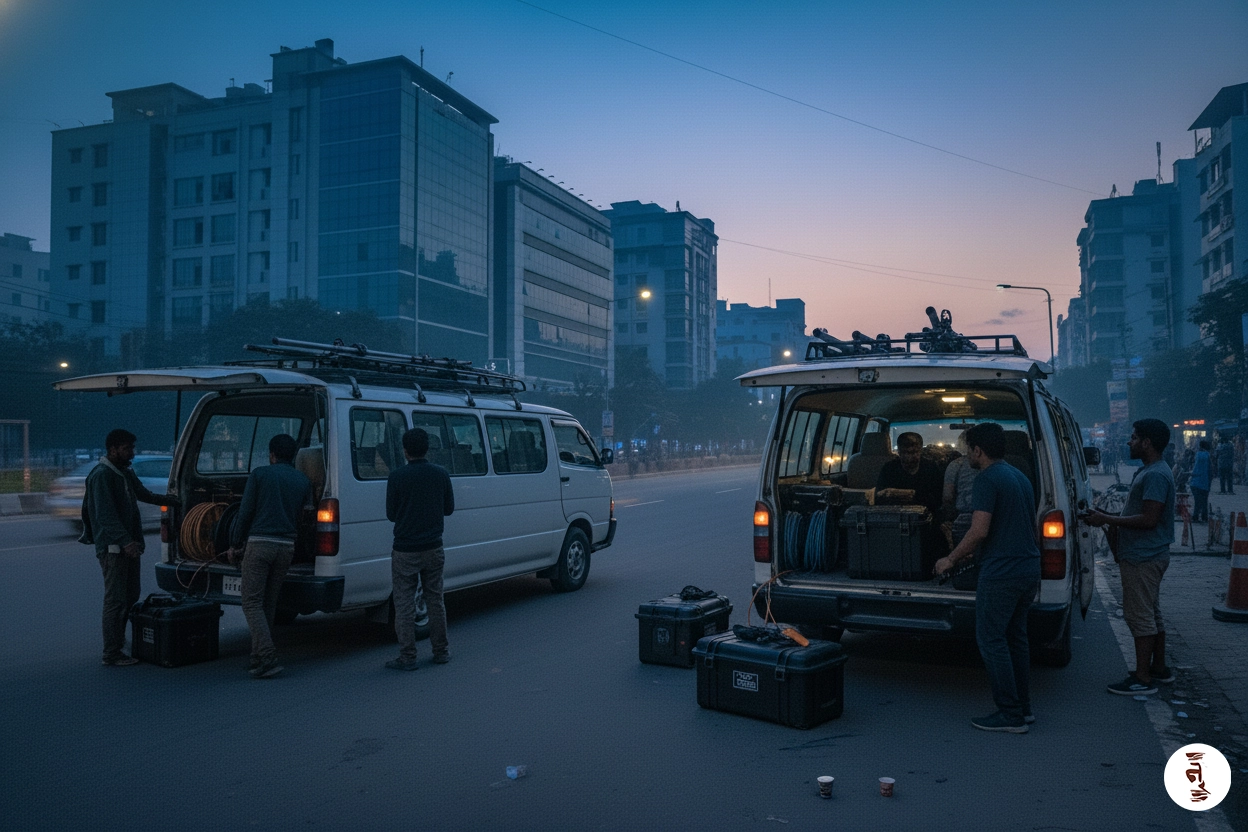 Safe film crew transport in Bangladesh, early morning vehicle departure staged before dawn to avoid Dhaka traffic congestion delays
