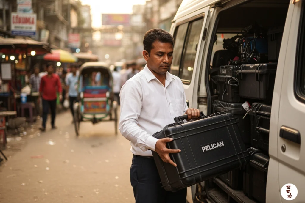 Safe film crew transport, Bangladesh production-trained driver managing secured film equipment inside the transport vehicle.