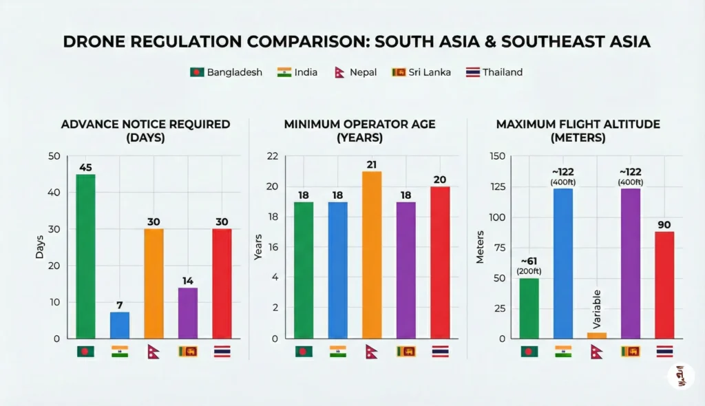 Comparison chart of drone permit requirements in Bangladesh, India, Nepal, Sri Lanka, and Thailand