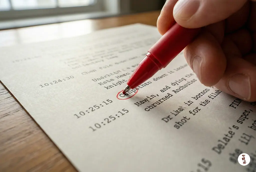 Close-up of a producer's hand holding a red pen over a printed time-coded transcription log for a documentary.