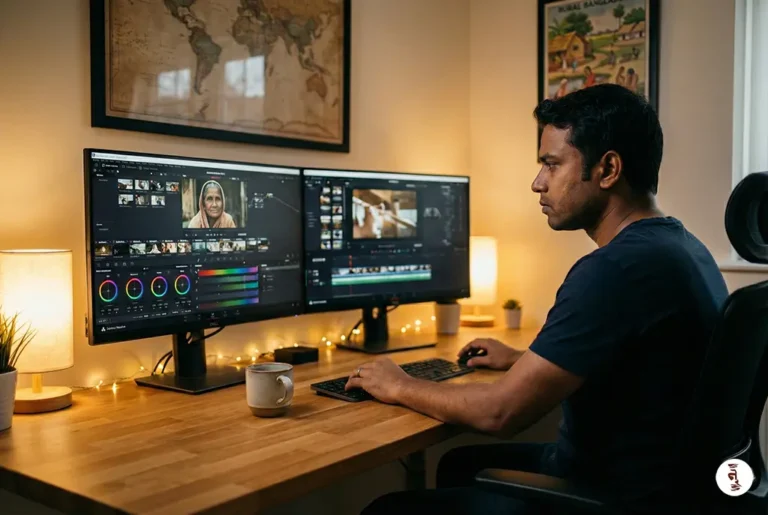 Professional video editor working remotely on dual monitors with color grading software, representing outsourced video editing workflow