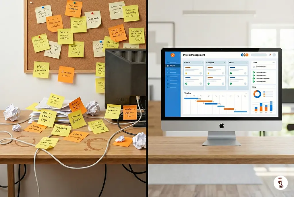 Comparison of chaotic unstructured workflow versus organized systematic video editing workflow showing importance of structured systems