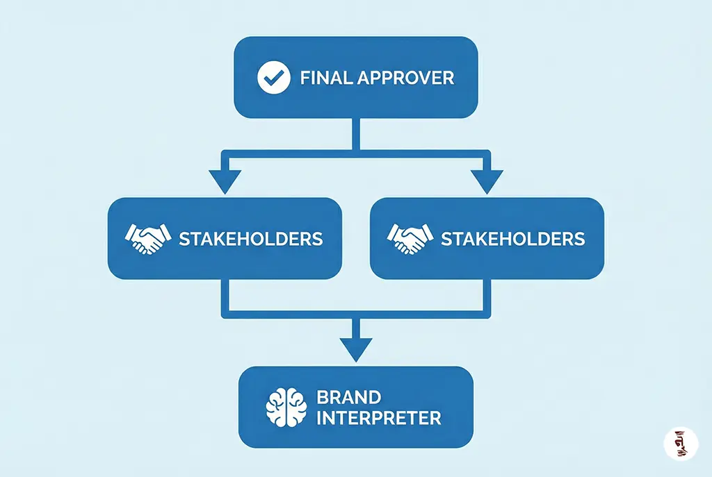 Decision authority hierarchy diagram for outsourced video editing showing clear approval structure with final approver, stakeholders, and brand interpreter roles