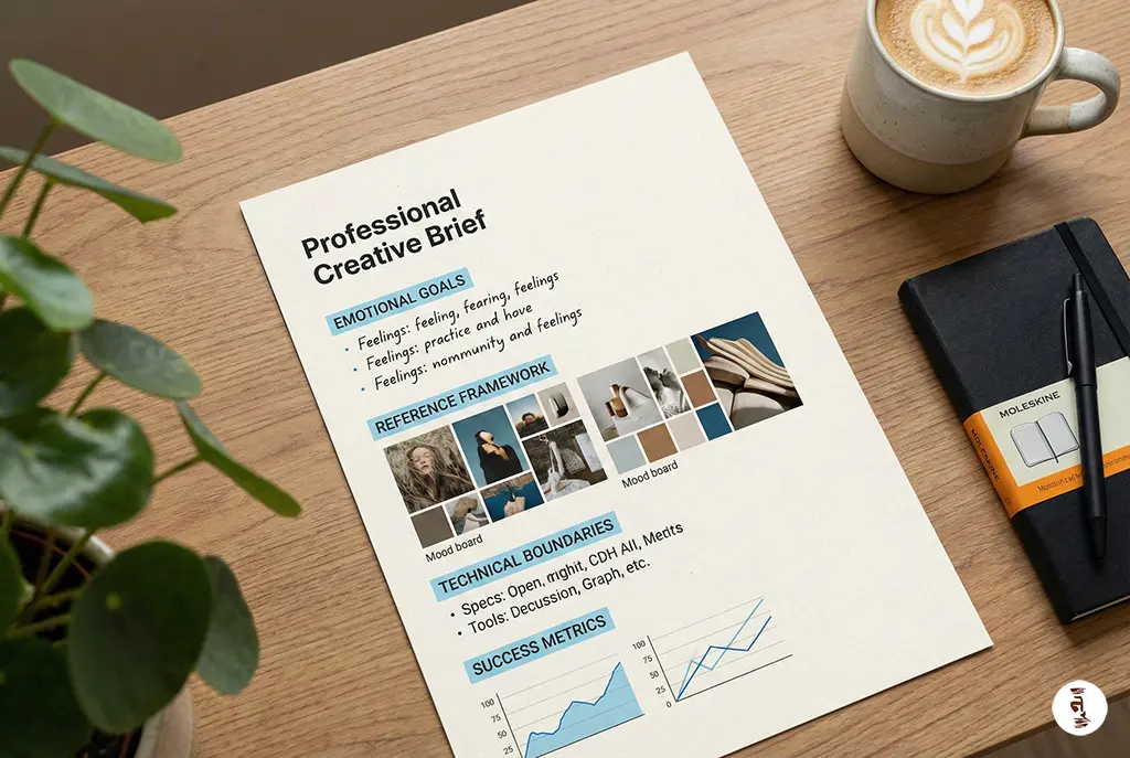 Creative brief template for video editors showing essential components including emotional goals, reference framework, and technical boundaries