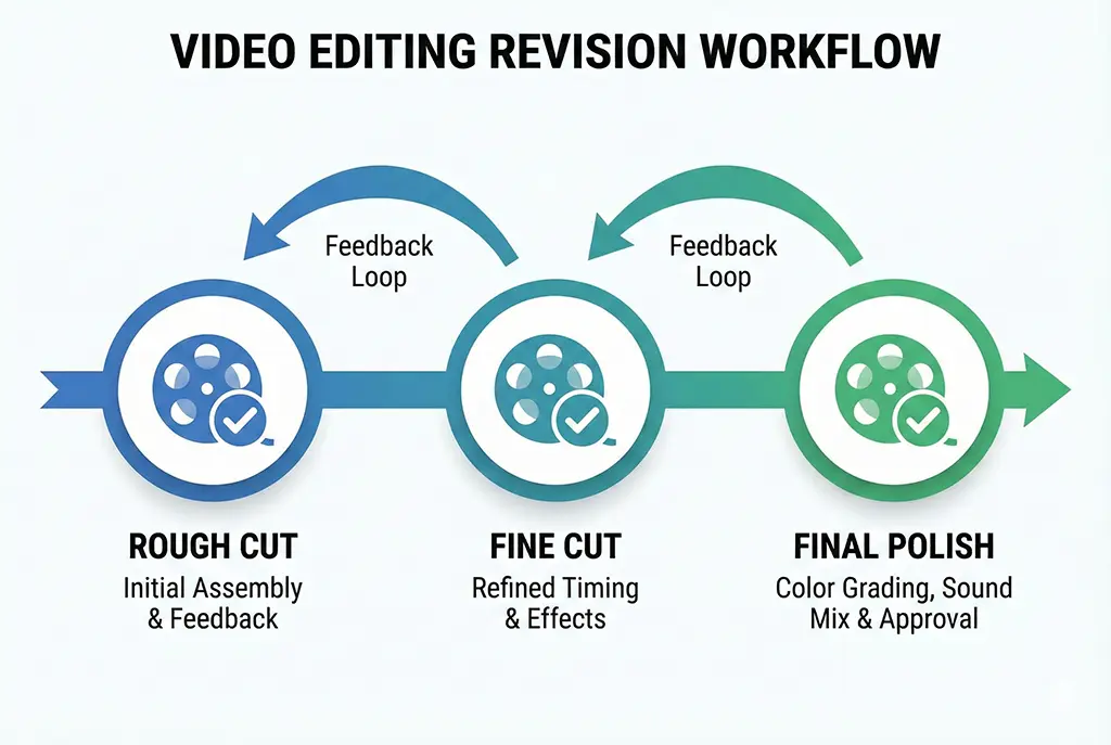 Three-round video editing revision workflow showing rough cut, fine cut, and final polish stages for efficient video review and approval process