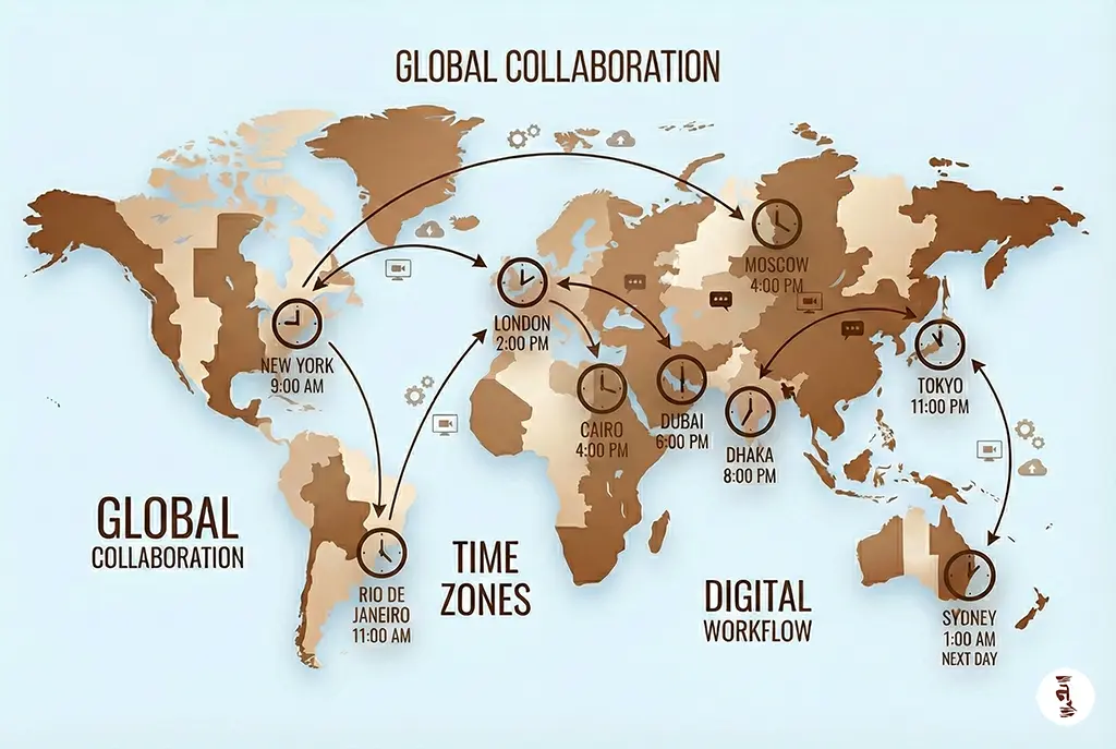 World map illustrating time zone management for remote video editing collaboration across different continents and working hours