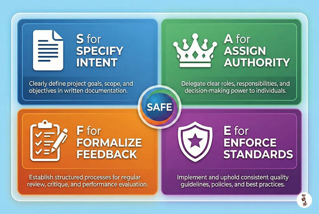 SAFE framework infographic for outsource video editing workflow showing four key components: Specify Intent, Assign Authority, Formalize Feedback, and Enforce Standards