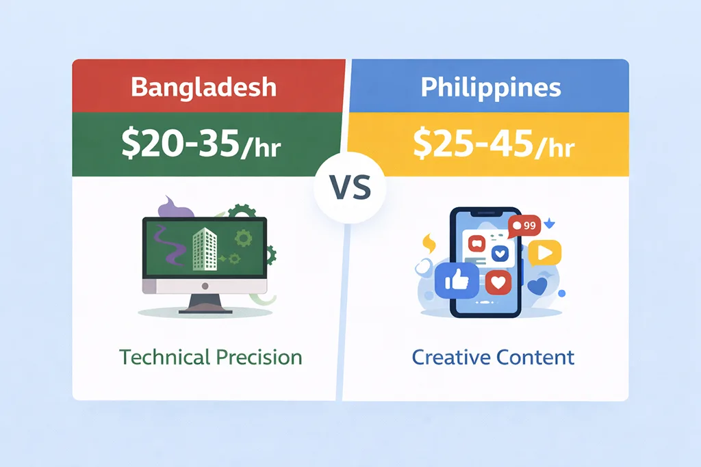 Bangladesh vs Philippines video editing rates comparison showing Bangladesh at $20-35 per hour for technical post-production versus Philippines at $25-45 per hour for creative social content