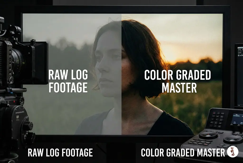 Split screen comparison showing raw log footage versus professionally color-graded cinematic video.