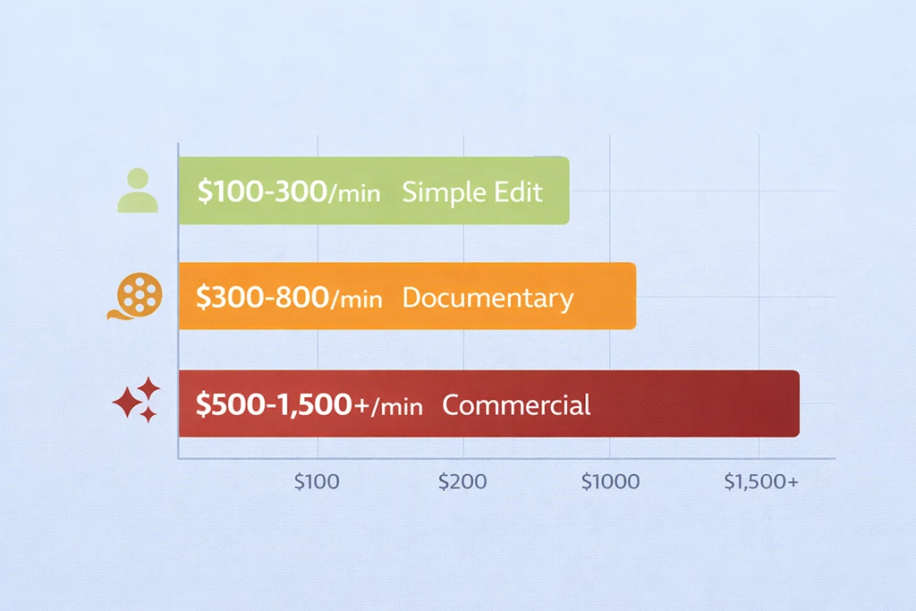 Cost of video editing per minute 2026 breakdown ranging from $100-300 for simple corporate edits to $500-1,500 for commercial branded content