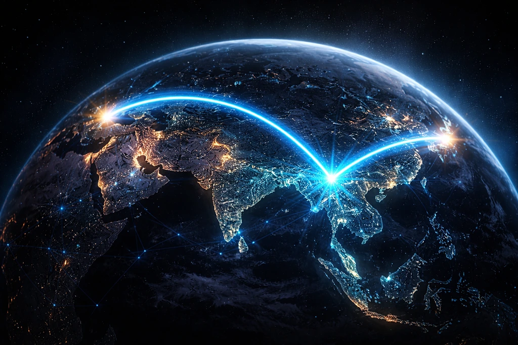 high-speed data connection line arcing from South Asia to Europe and North America.