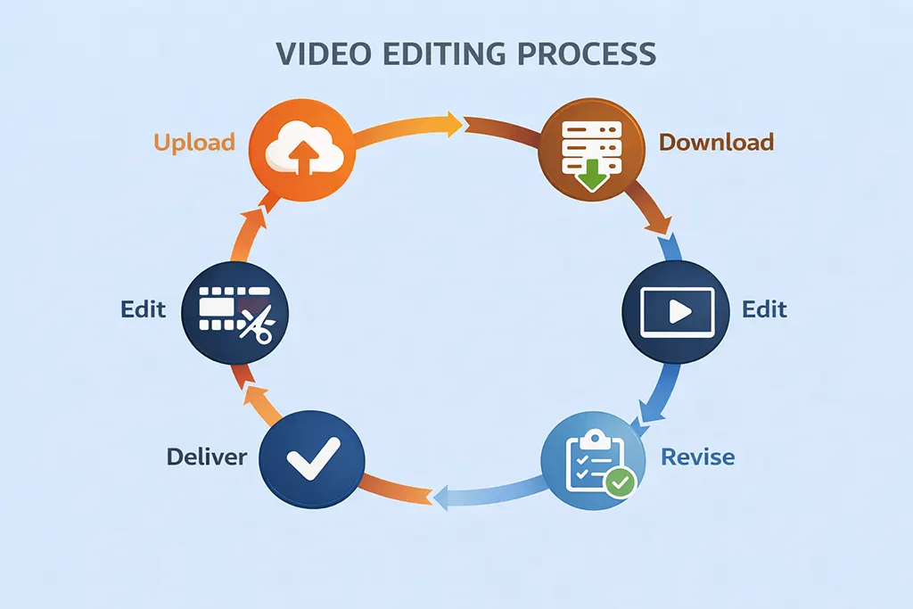 Offshore post-production rates 2026 workflow diagram showing 6-step follow-the-sun editing process with 24-36 hour turnaround