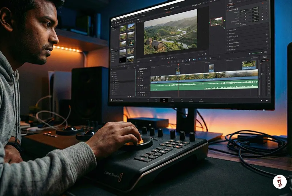 Video editor using a professional color grading panel to enhance footage for broadcast standards.