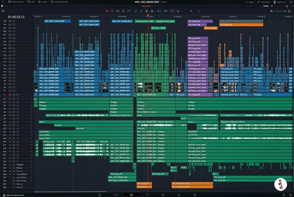 Screenshot of a complex, multi-layered professional video editing timeline showing advanced post-production workflow.