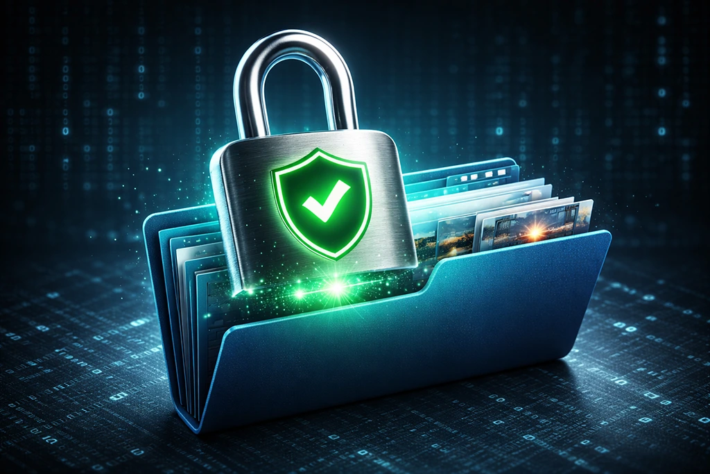 A digital padlock protecting a folder of video files, representing checksum verification and encryption.