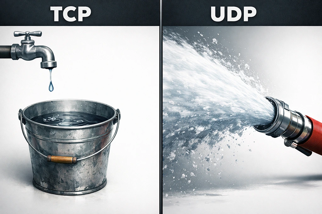 A visual comparison showing TCP as a single dripping faucet and UDP as a wide fire hose blasting water.