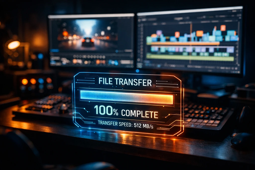 A film editor working on a dual-monitor setup with a progress bar showing a fast file transfer of 4K footage.