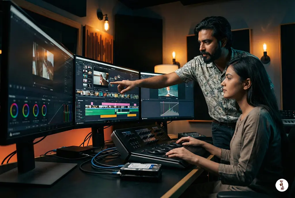 Creative director and video editor reviewing a timeline in a professional post-production studio.