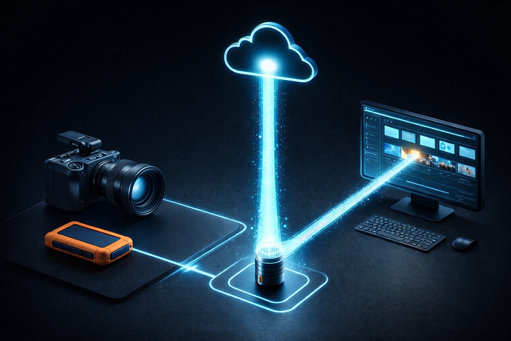 A workflow diagram showing a camera connecting to a laptop, then uploading to a cloud icon, and downloading to a remote editor's computer.