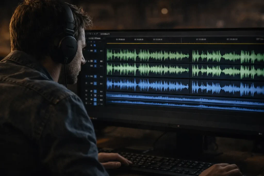 Documentary editor using the radio edit technique focusing on audio waveforms only