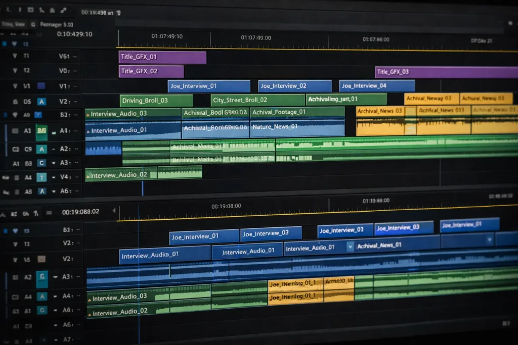 Color-coded documentary editing timeline showing interviews, b-roll and archival clips