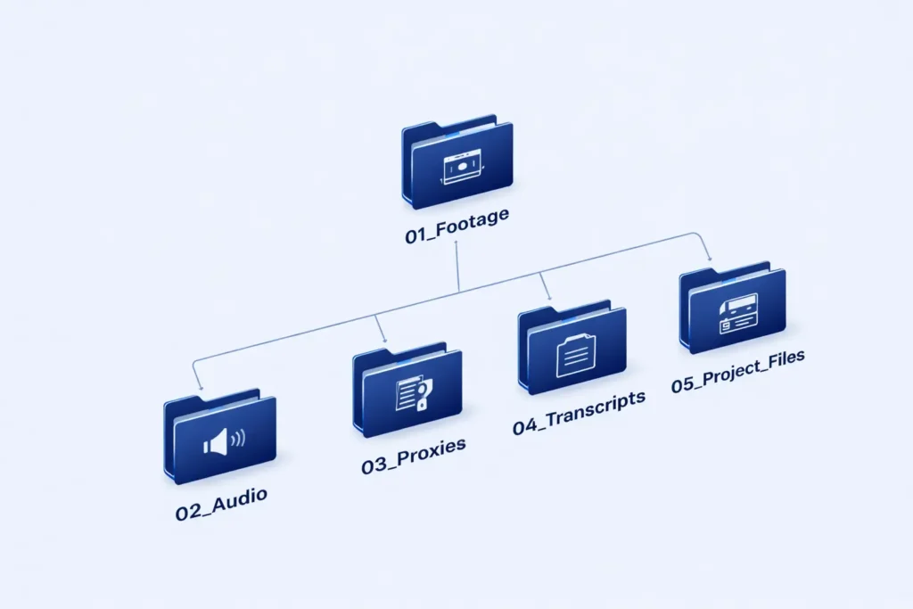 Professional documentary footage folder structure showing organized media hierarchy