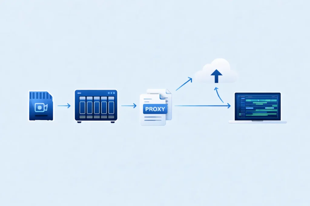 Remote documentary editing workflow diagram from camera card to proxy to cloud editor