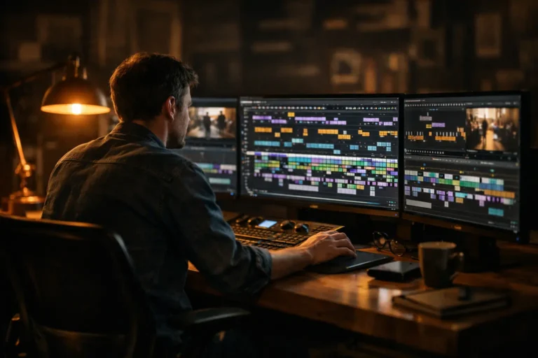 Documentary video editor working on a complex timeline with 100+ hours of footage
