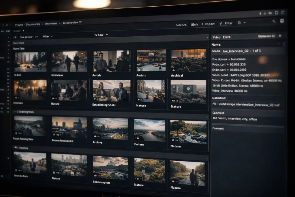 NLE media bins organized by subject and theme for documentary footage management