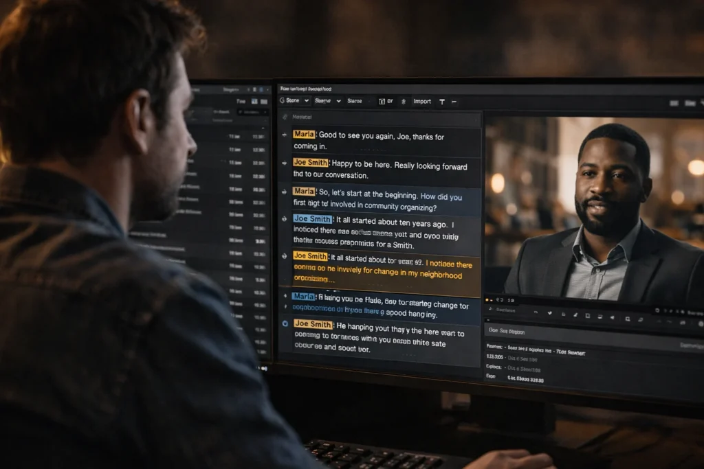 Documentary editor using text-based editing with interview transcripts in post production