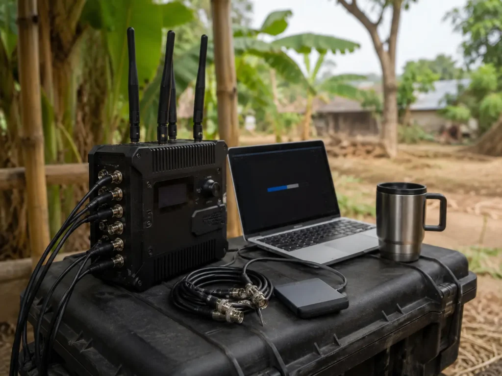 Bonded cellular transmitter and broadband router setup used for transferring rushes from a documentary shoot in Bangladesh