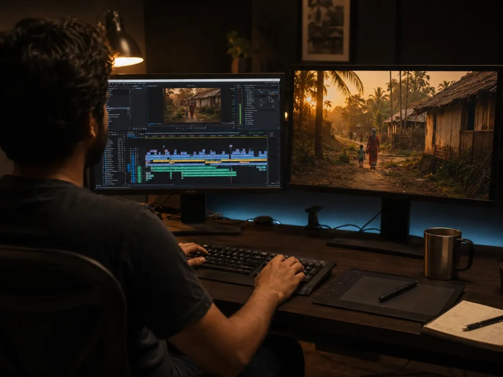 Documentary editor reviewing dailies on a colour-calibrated monitor during remote post-production in Dhaka