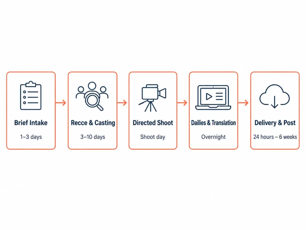 Five-step remote filming workflow diagram showing brief intake, recce and casting, directed shoot day, dailies and translation, and delivery and post stages